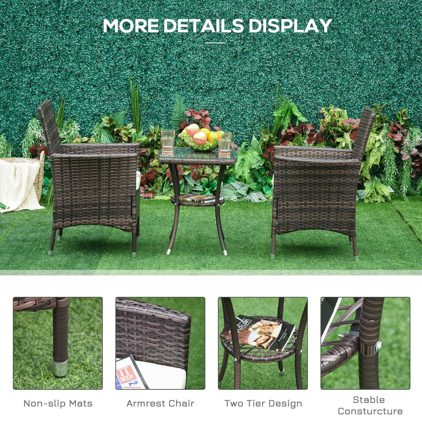 Outsunny Rattan Bistro Set Cushion Patio Garden Chair Table Brown UV Resistant