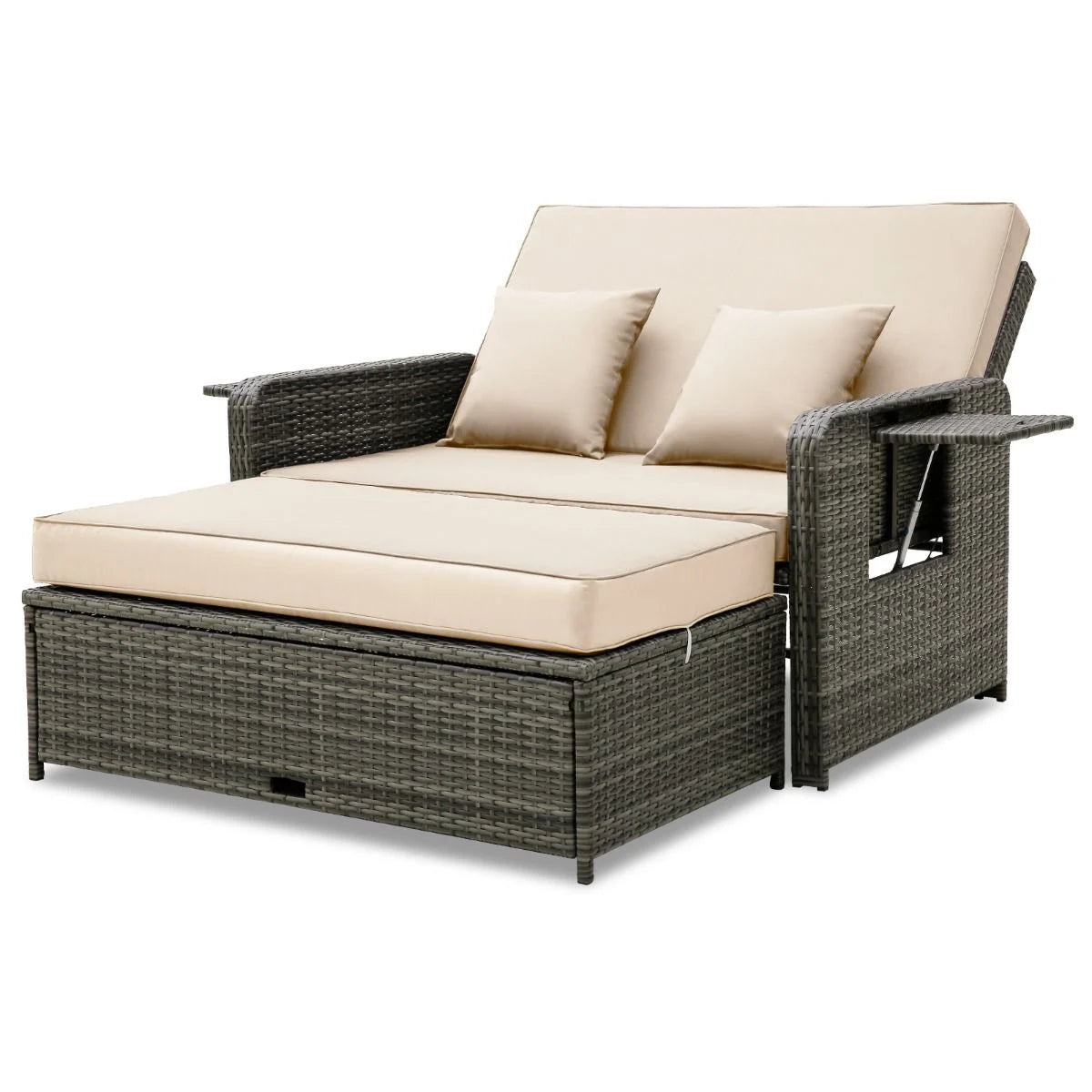 Patio Rattan Daybed Set with Multipurpose Ottoman and Retractable Side Tray