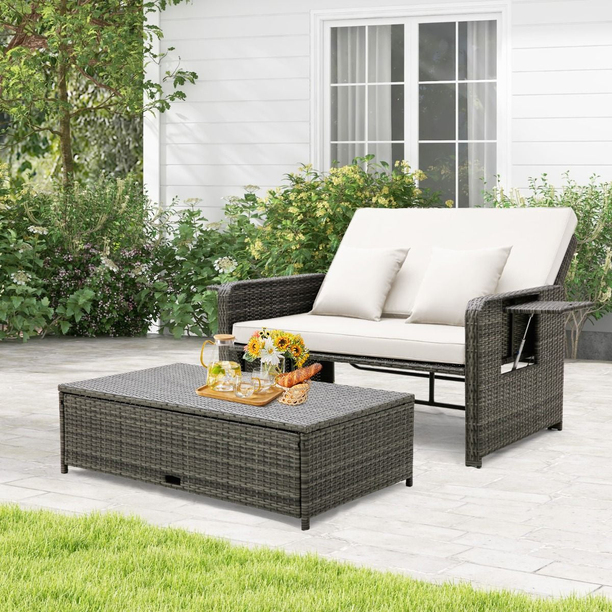 Patio Rattan Daybed Set with Multipurpose Ottoman and Retractable Side Tray