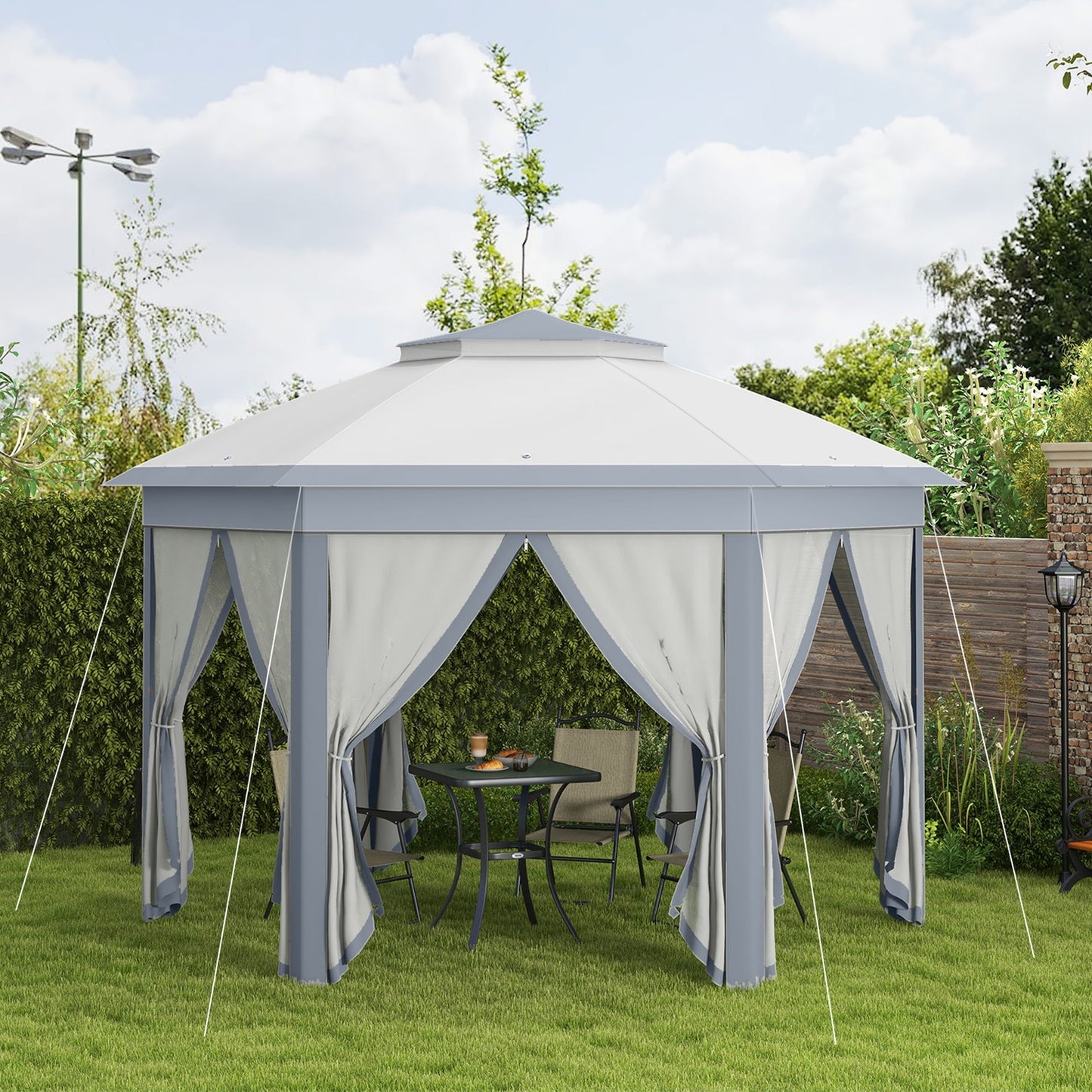 Outsunny 3X4M Hexagon Gazebo W/ Mesh Curtains Outdoor Garden, Grey