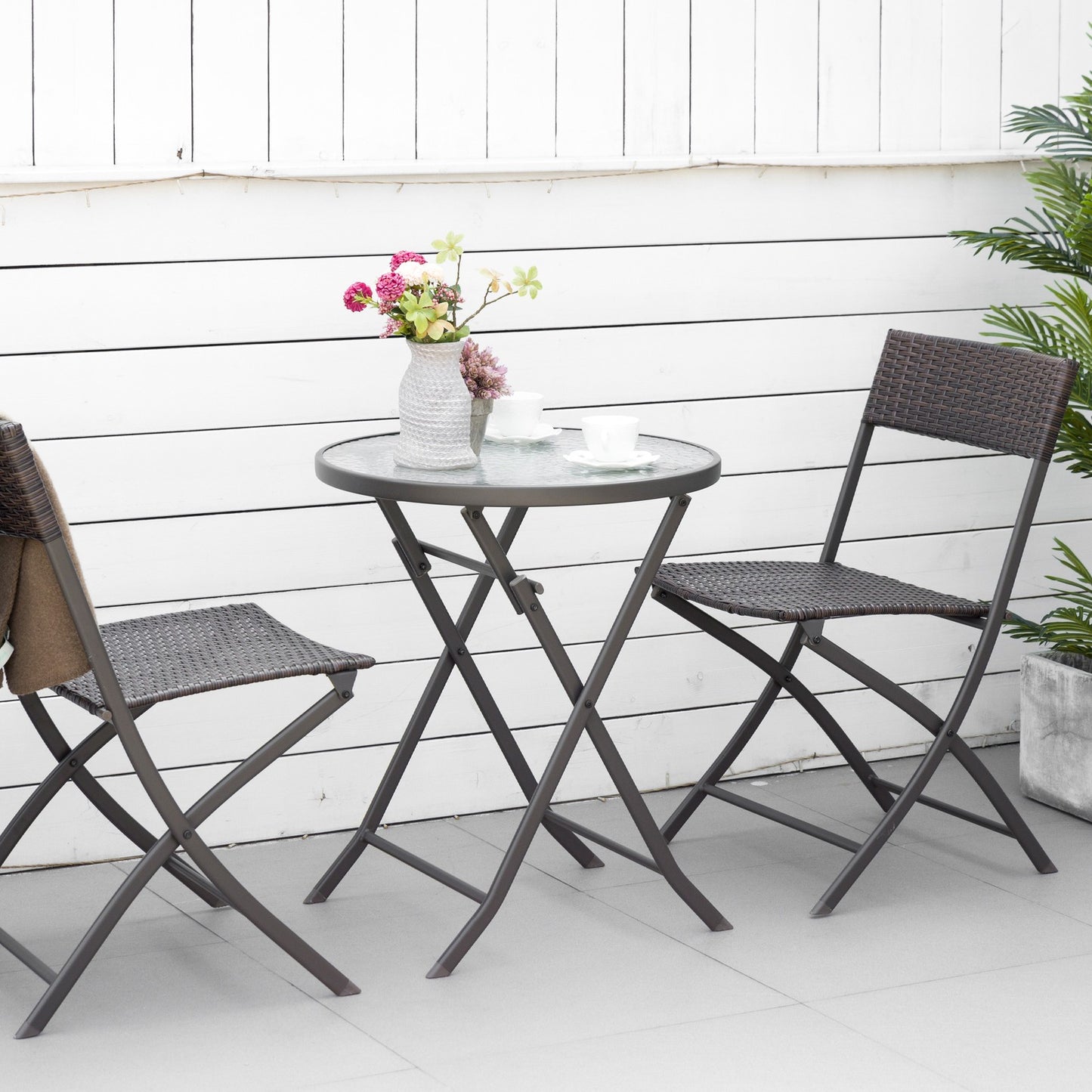 3 Pieces Bistro Set Rattan Furniture Garden Patio Square Table Steel Brown