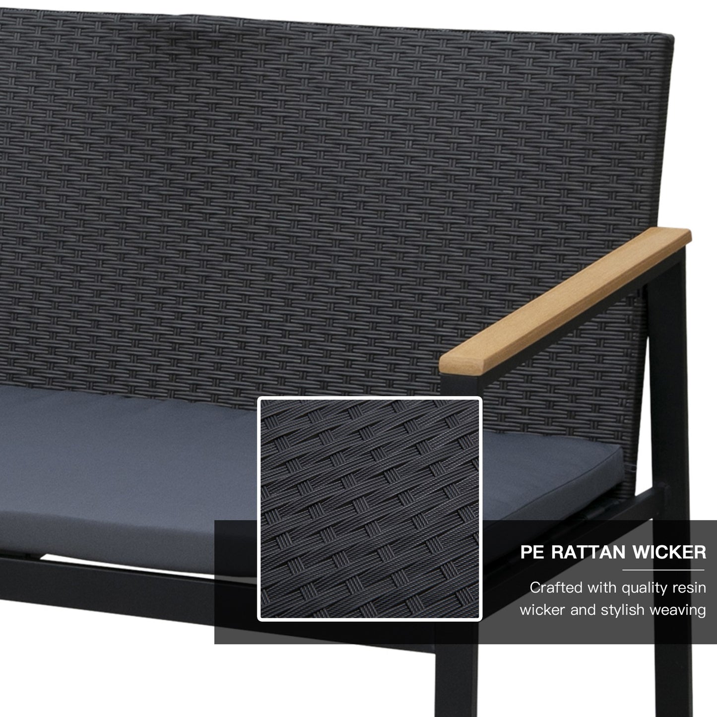 4 Pcs PE Rattan Furniture Set W/ 3 Cushioned Chairs Glass Tabletop Table, Black