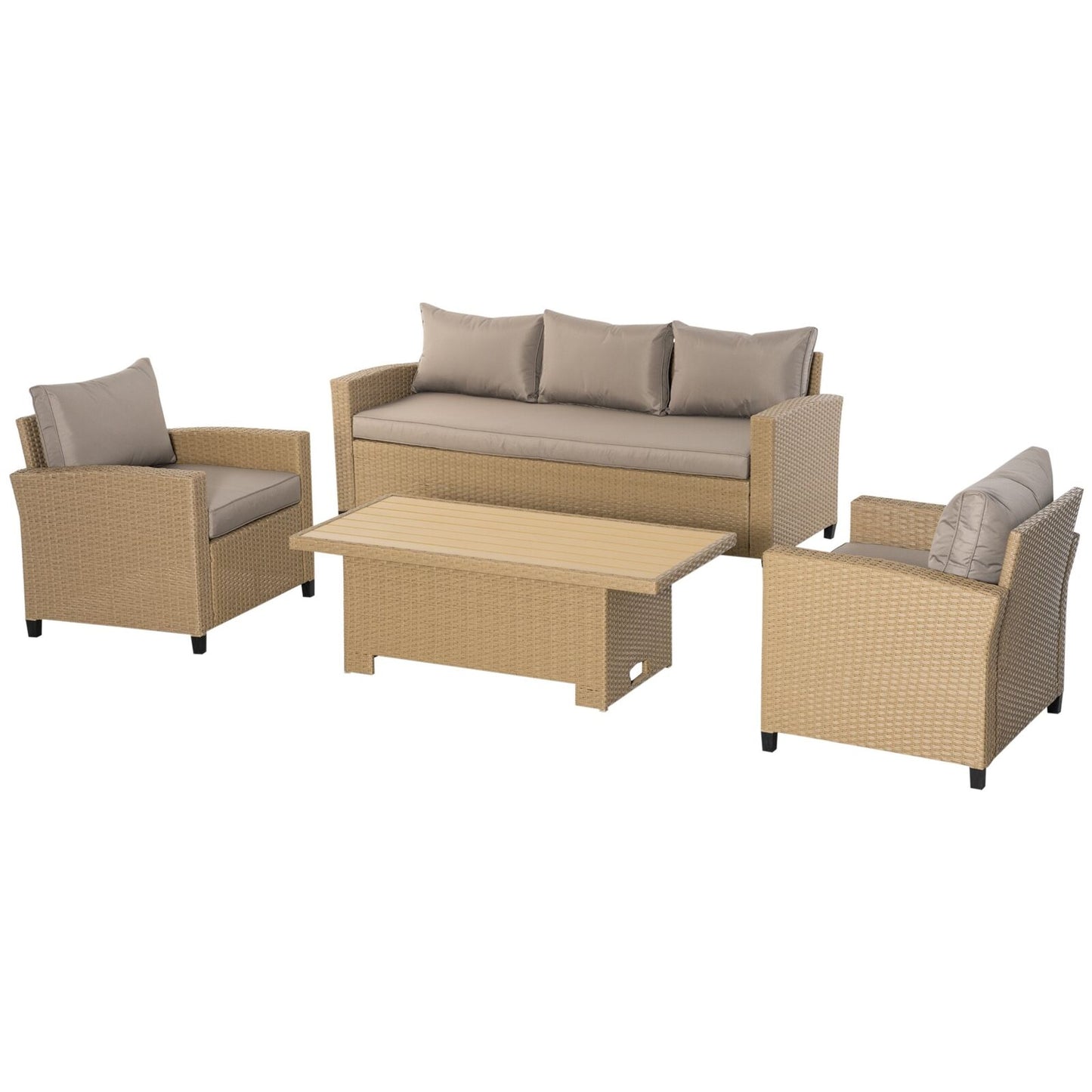 4 PCS Outdoor PE Rattan Aluminium Conversation Sofa Set W/ Table & Cushions