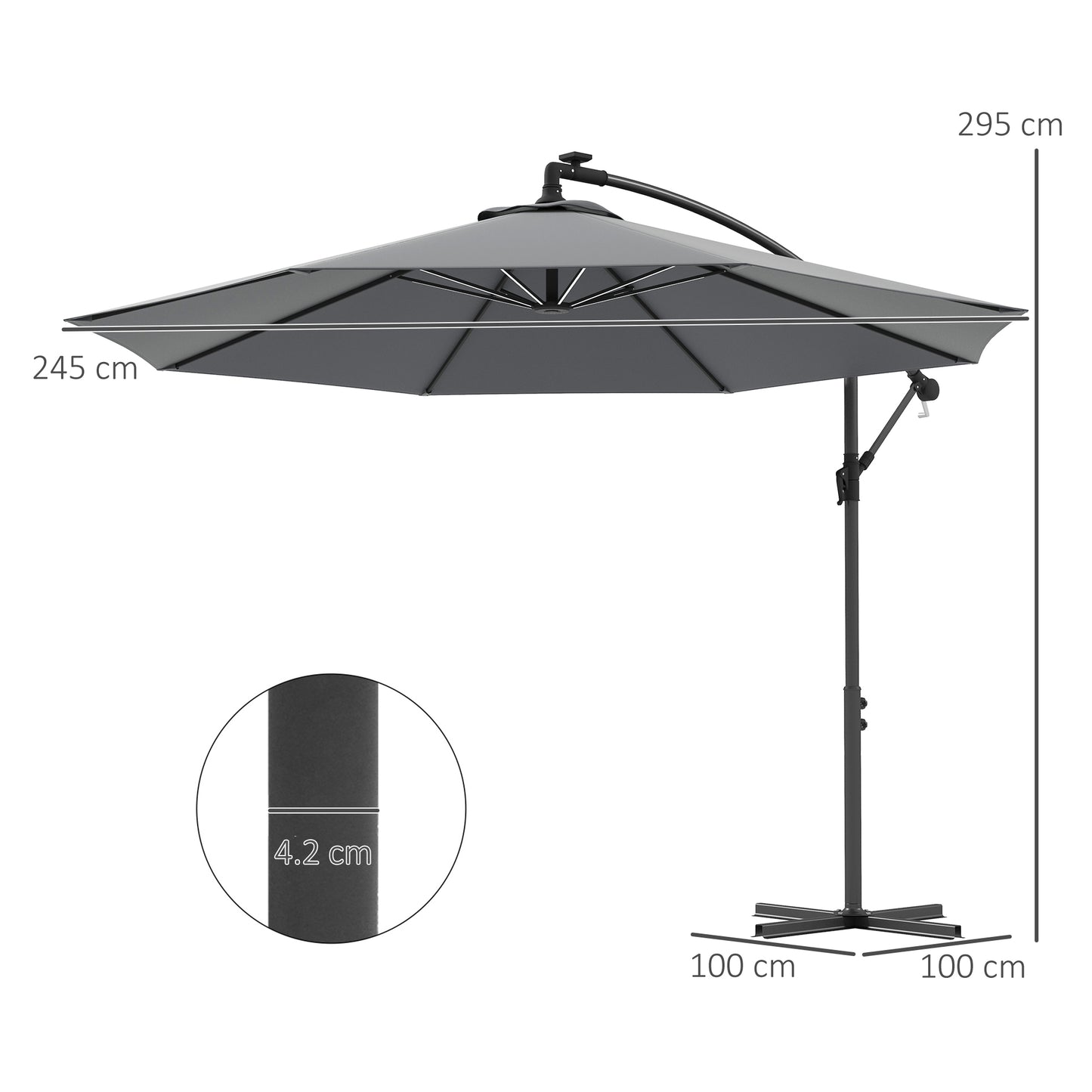 3(M) LED Patio Banana Umbrella Cantilever Parasol W/ Solar Lights Crank Handle