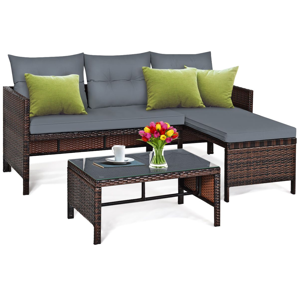 3 Pieces Patio Conversation Bistro Set with Washable Couch Cushion