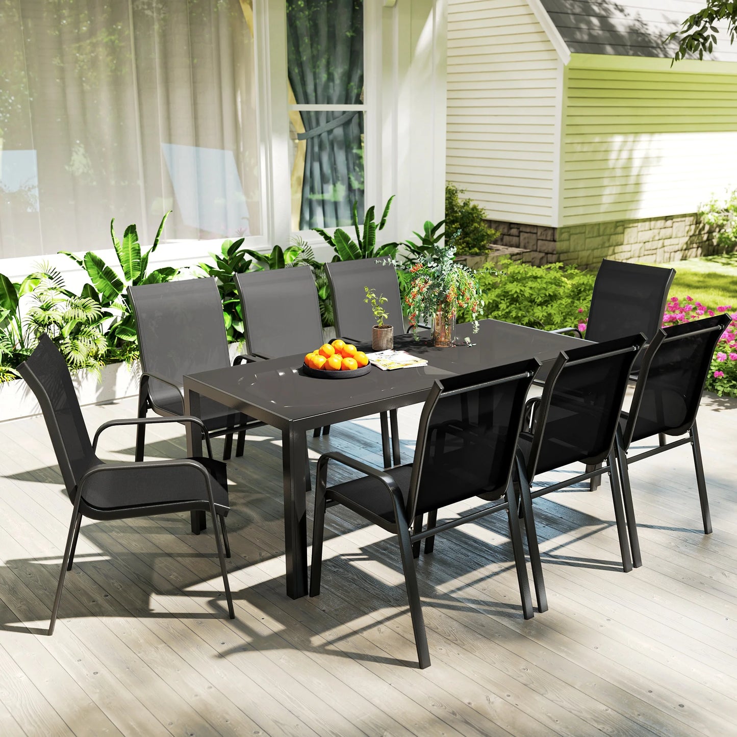 8 Seater Garden Dining Set with Stacking Chairs, Rectangular Tempered Glass Top, Garden Furniture Set, Black