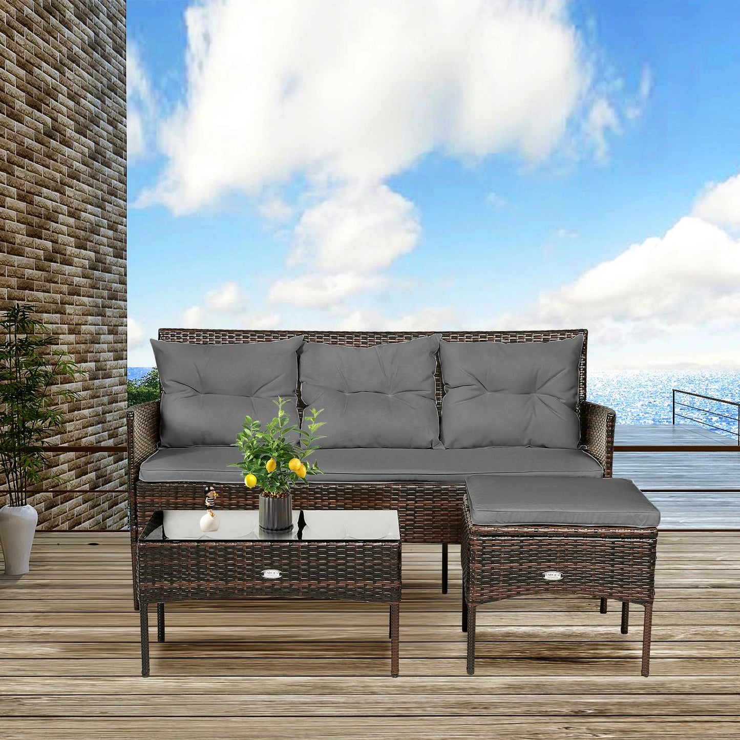 4 Seater Rattan Garden Furniture Set with Cushioned Sofa
