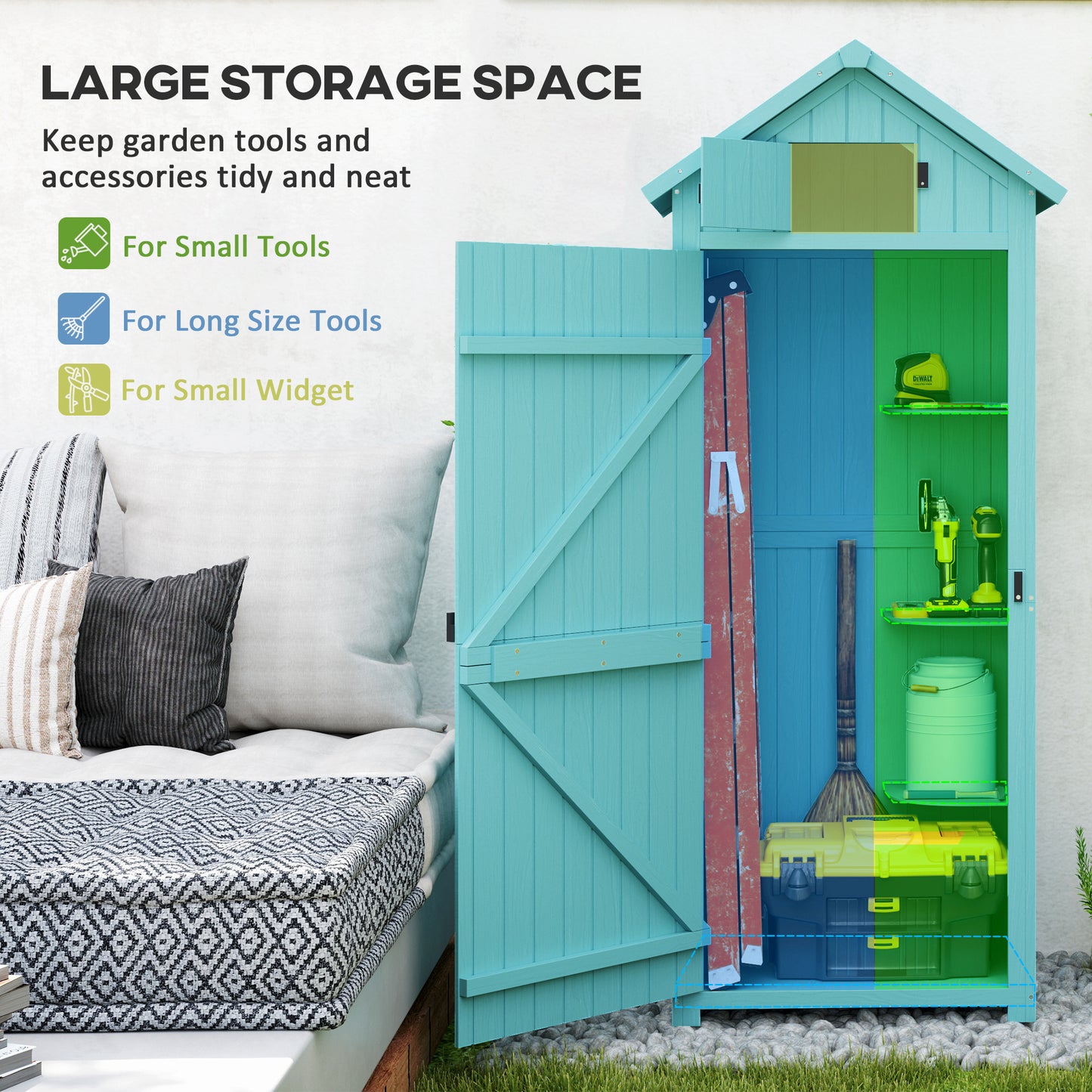 Garden Storage Shed 3 Utility Shelf Tool House W/ Asphalt Roof Lockabke Door