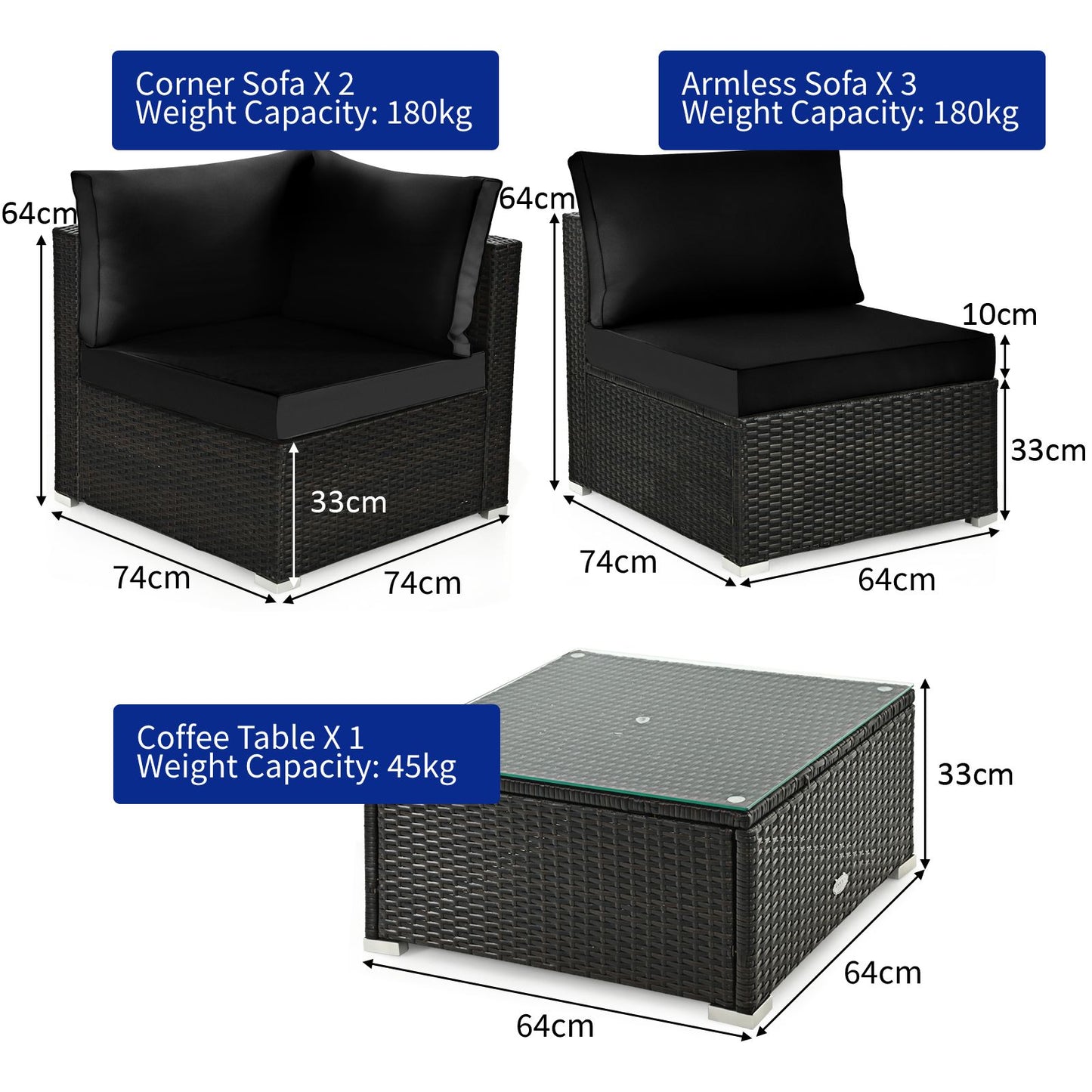 6 Piece Outdoor Rattan Sofa Set with Soft Seat and Back Cushions
