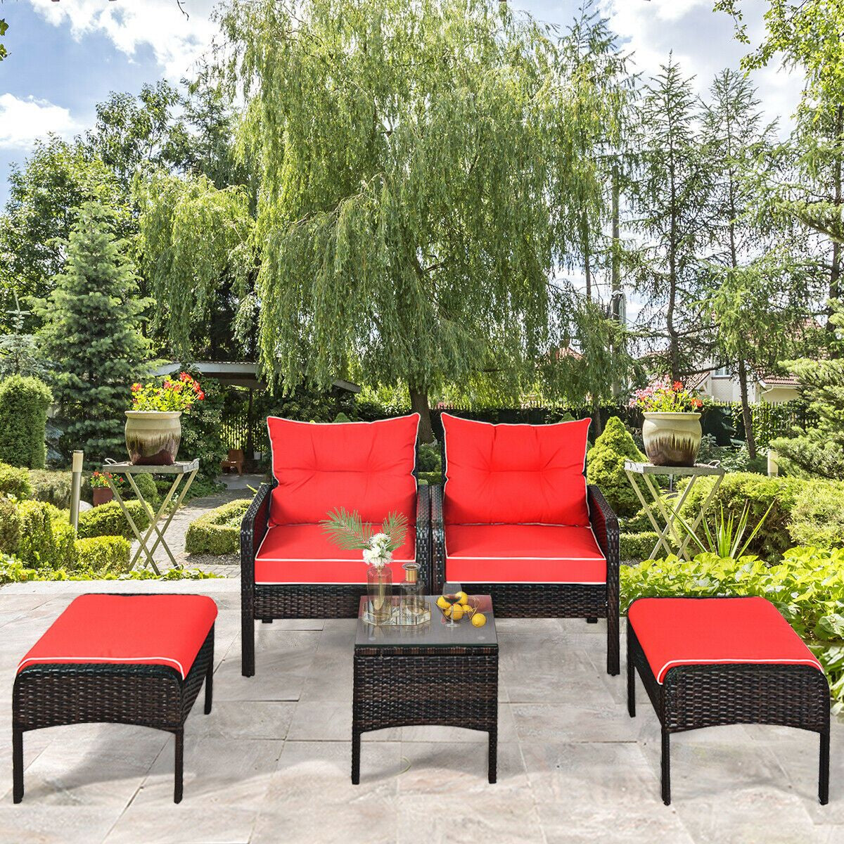 5 Piece Rattan Wicker Lounge Set with Cushion