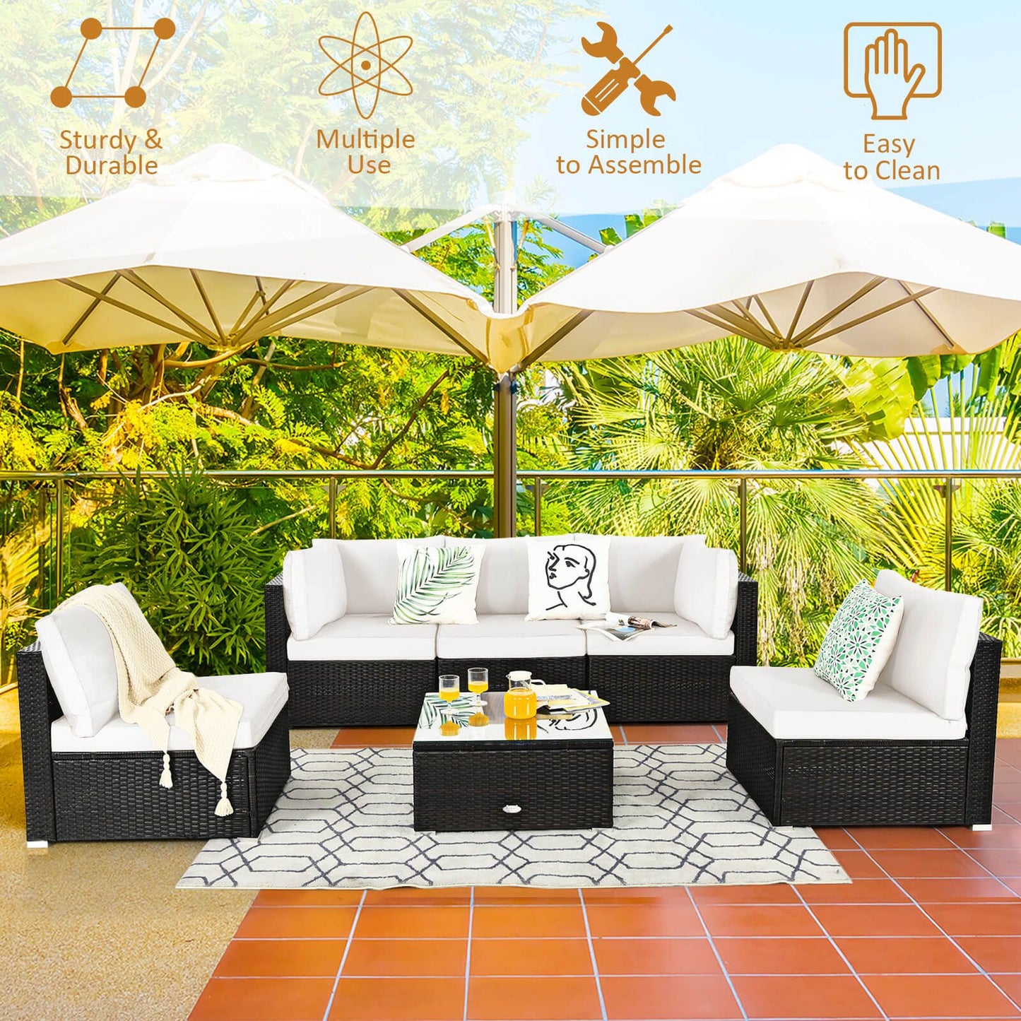 6 Piece Outdoor Rattan Sofa Set with Soft Seat and Back Cushions