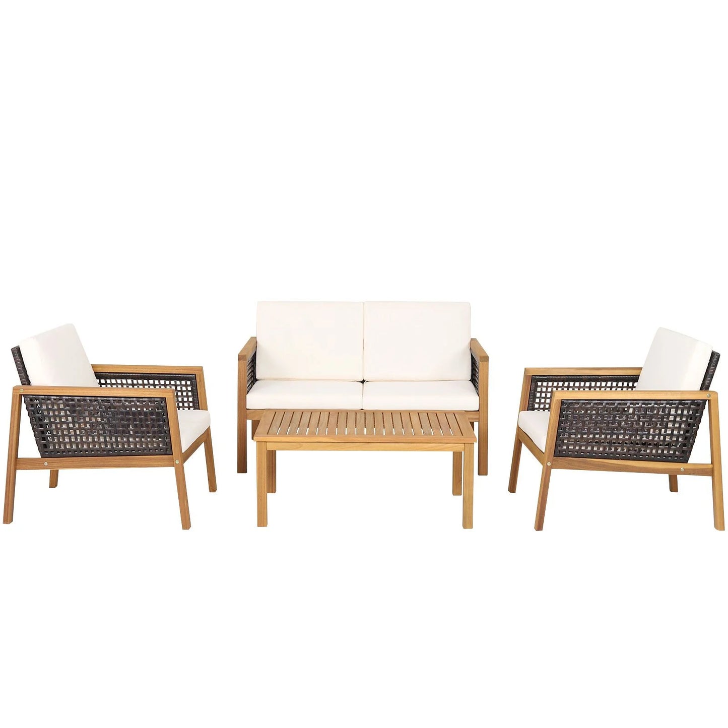 4-Piece Patio Acacia Wood Furniture Set with Removable Cushions