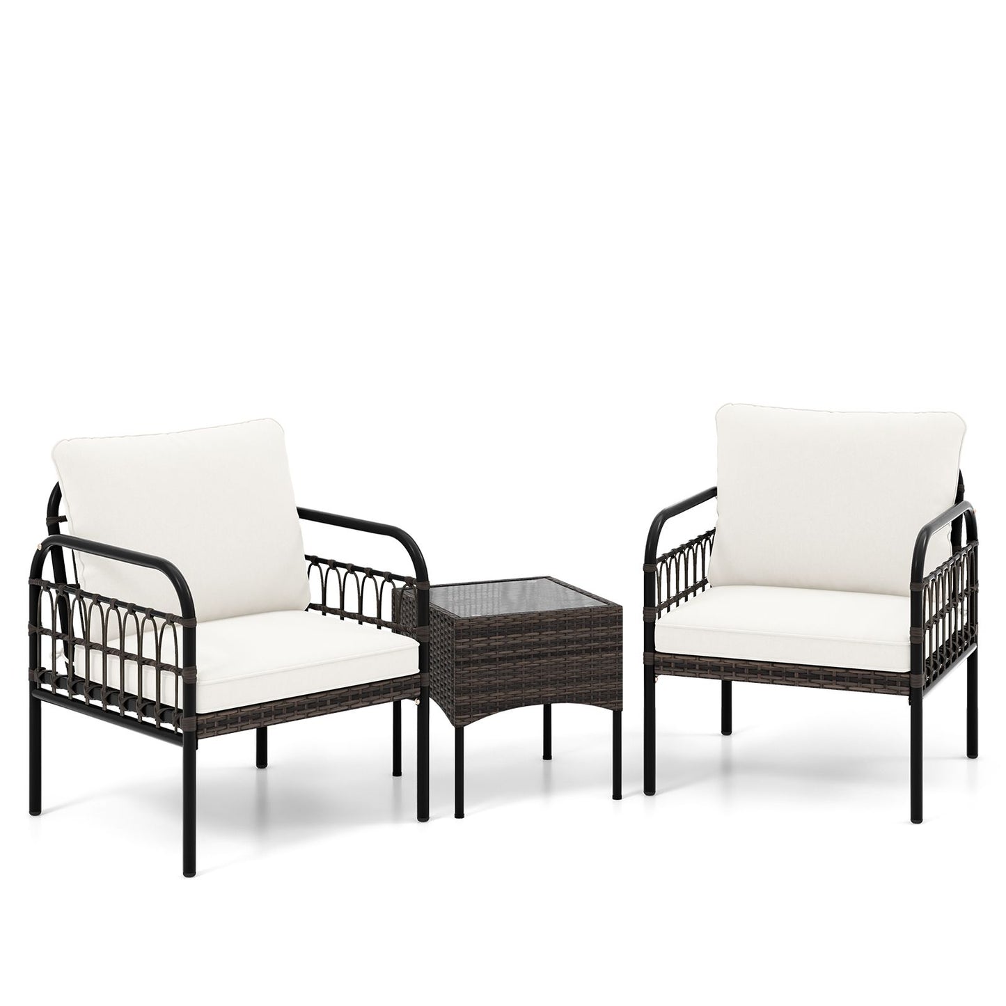 3 Pieces Patio Wicker Furniture Set with Cushioned Chairs and Tempered Glass Coffee Table