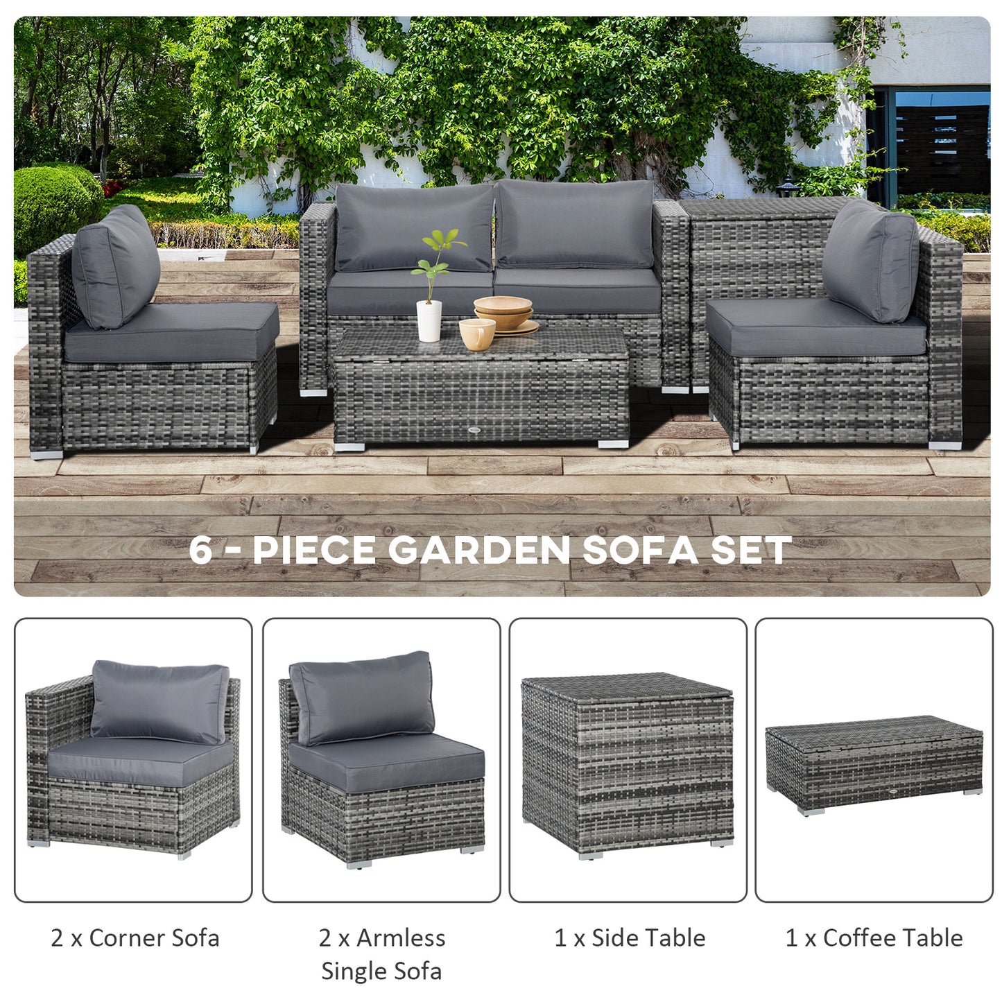 6 Pcs Rattan Furniture Sofa Set Side Table Garden Patio Conversation W/ Cushion
