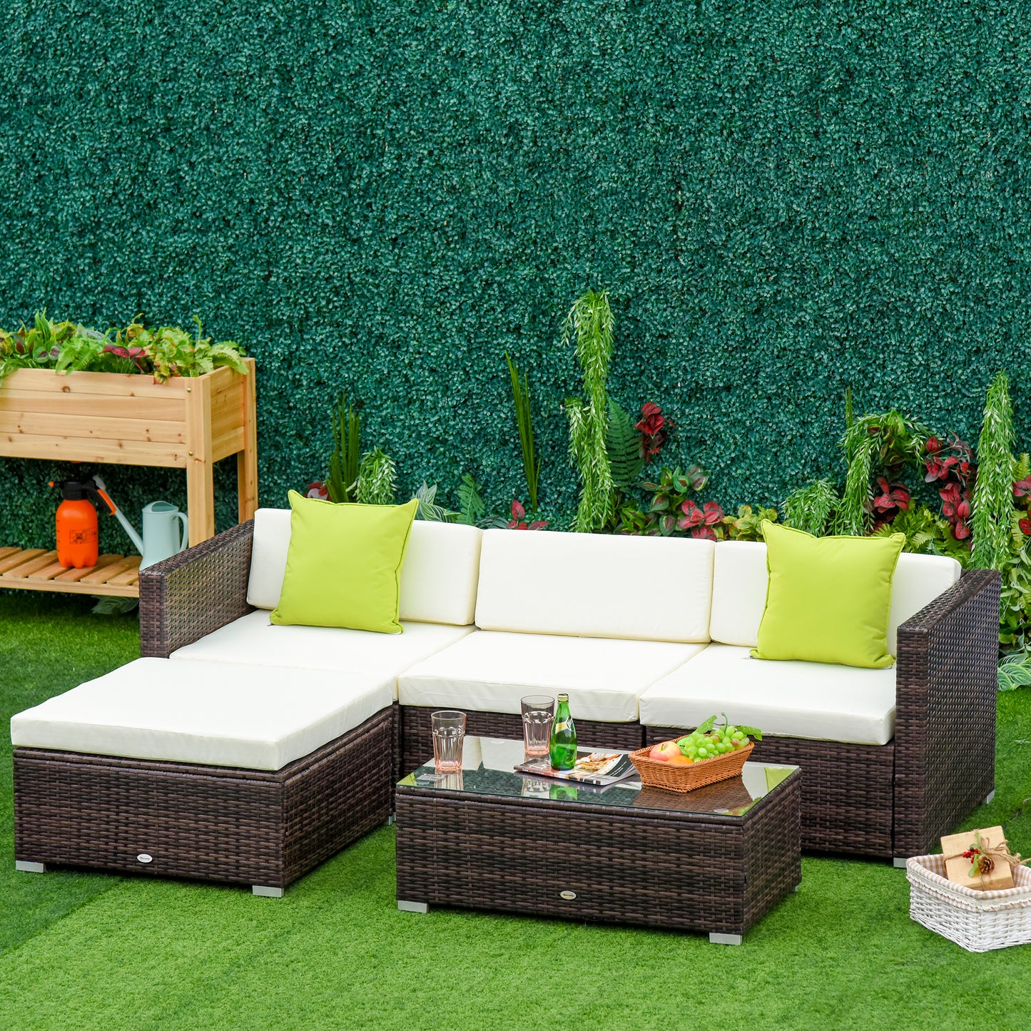 5 Pieces Rattan Sofa Set Wicker Sectional Furniture Cushion Black Brown Grey