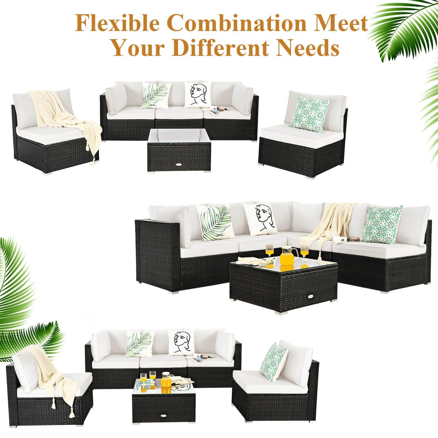 6 Piece Outdoor Rattan Sofa Set with Soft Seat and Back Cushions