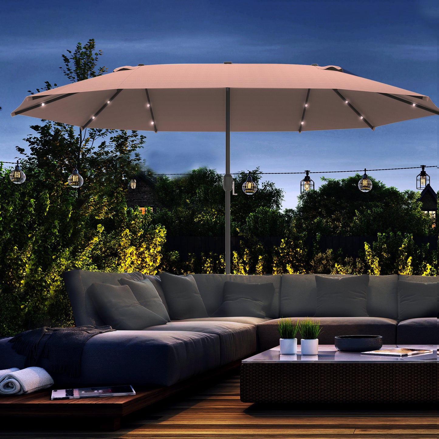 4.4M Double-Sided Sun Umbrella Patio Parasol with LED Solar Lights for Garden