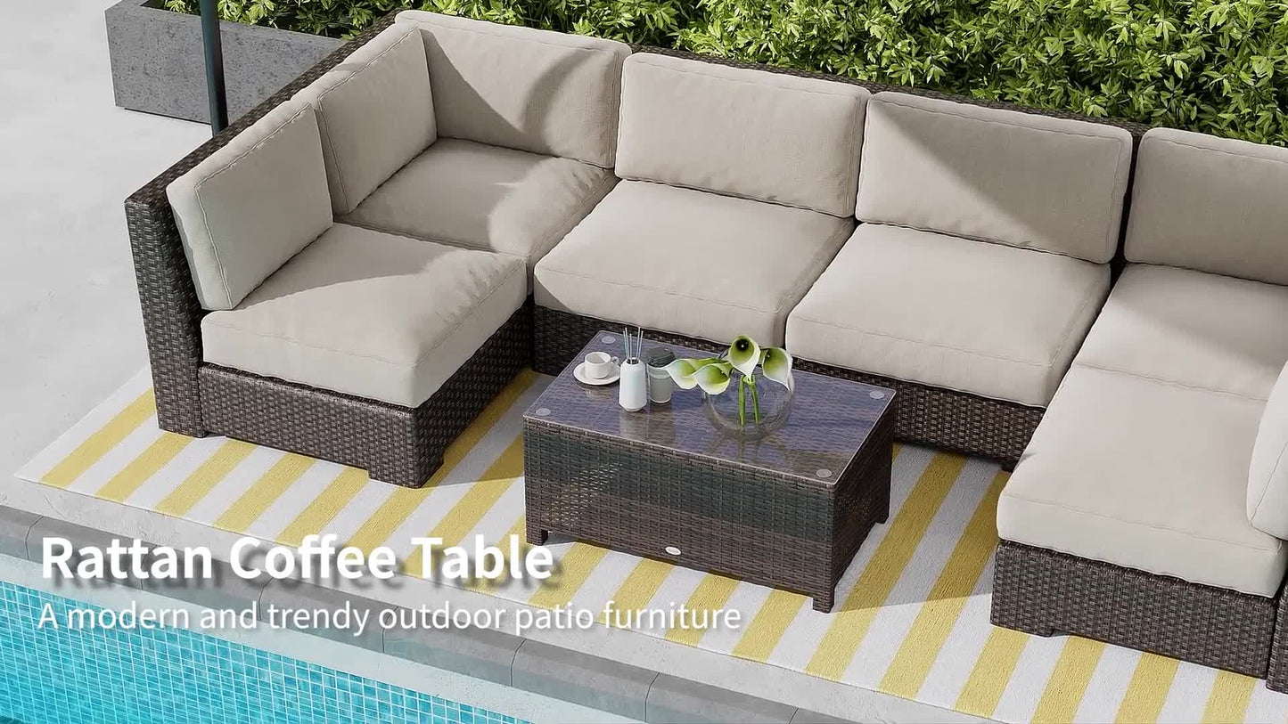 Outsunny Garden Rattan Side Table,Wicker Coffee Desk, Glass Top, Mixed Brown