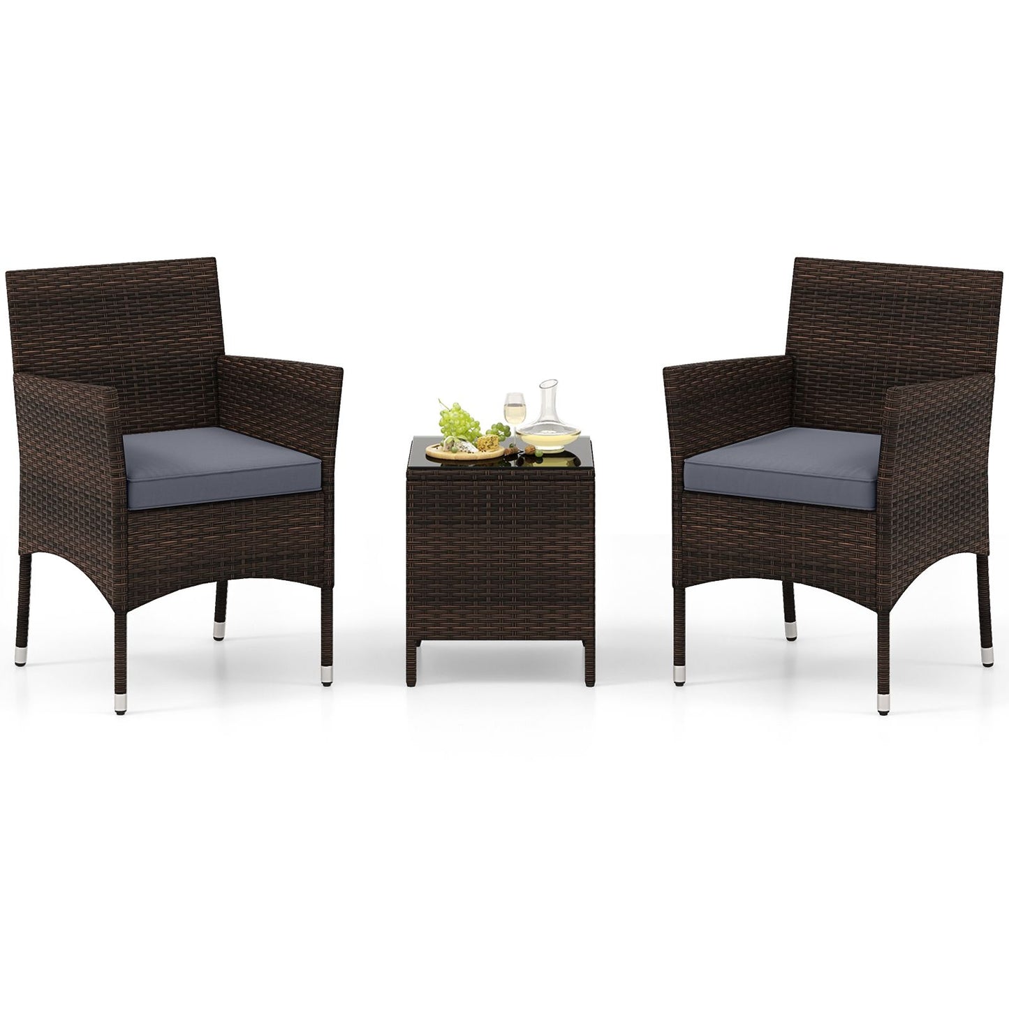 3 Pieces Patio Rattan Furniture Set with Soft Cushions and Glass Top Table