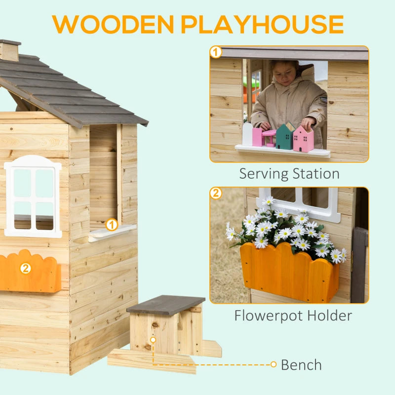 Outsunny Wooden Kids Playhouse Outdoor Garden Games Cottage, Windows, Bench, Service Stations, Flowerpot Holder