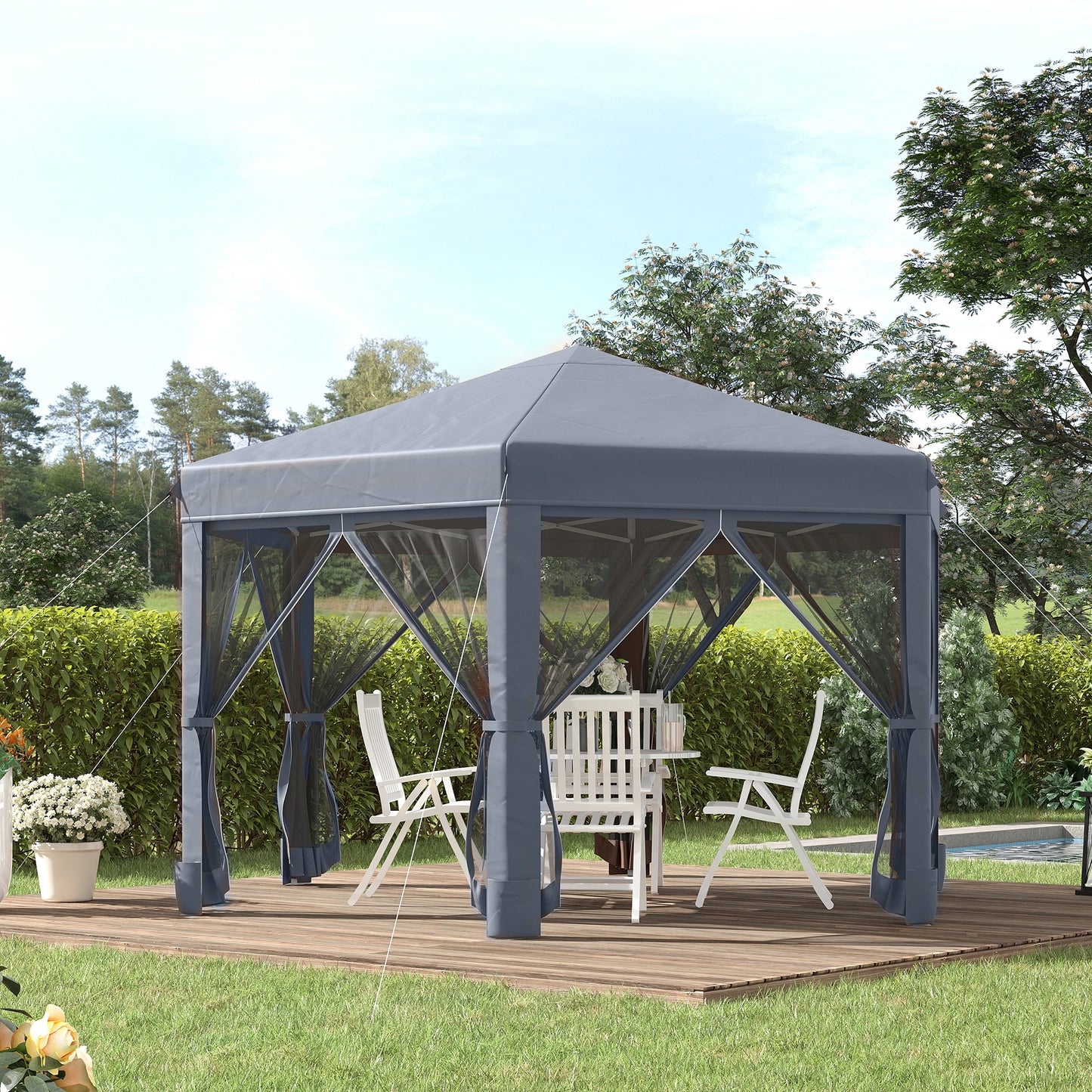 3.2M Outdoor Pop up Gazebo Hexagonal Canopy Tent with Mesh Sidewalls Handy Bag