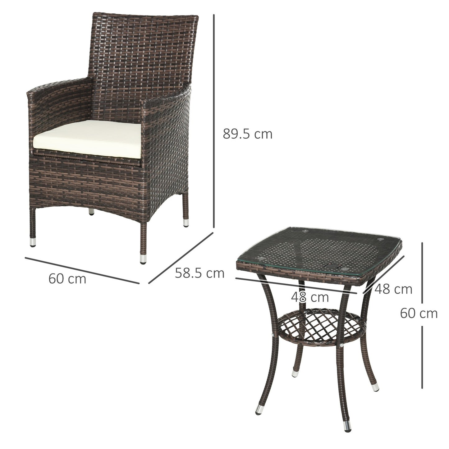 Outsunny Rattan Bistro Set Cushion Patio Garden Chair Table Brown UV Resistant