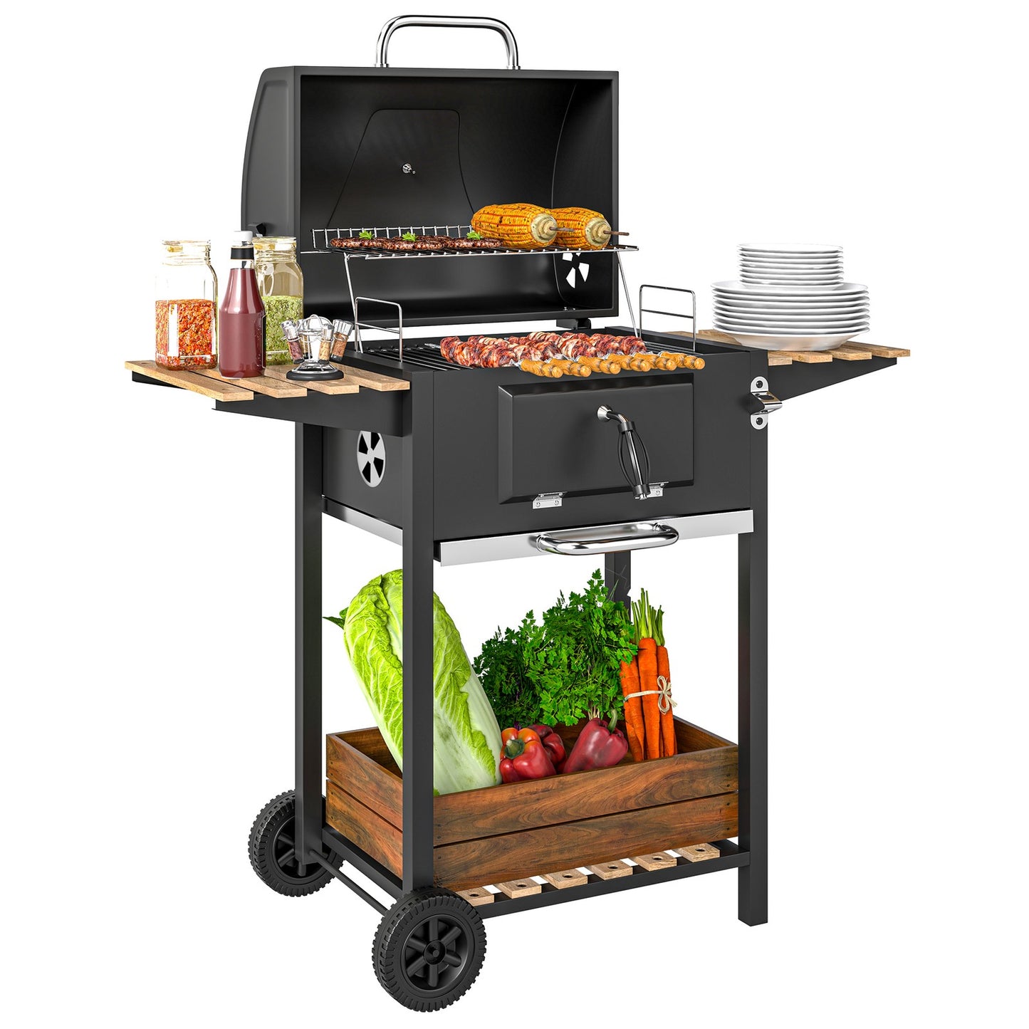 Charcoal BBQ Grill with Height Adjustable Charcoal Pan Outdoor Barbecue Smoker