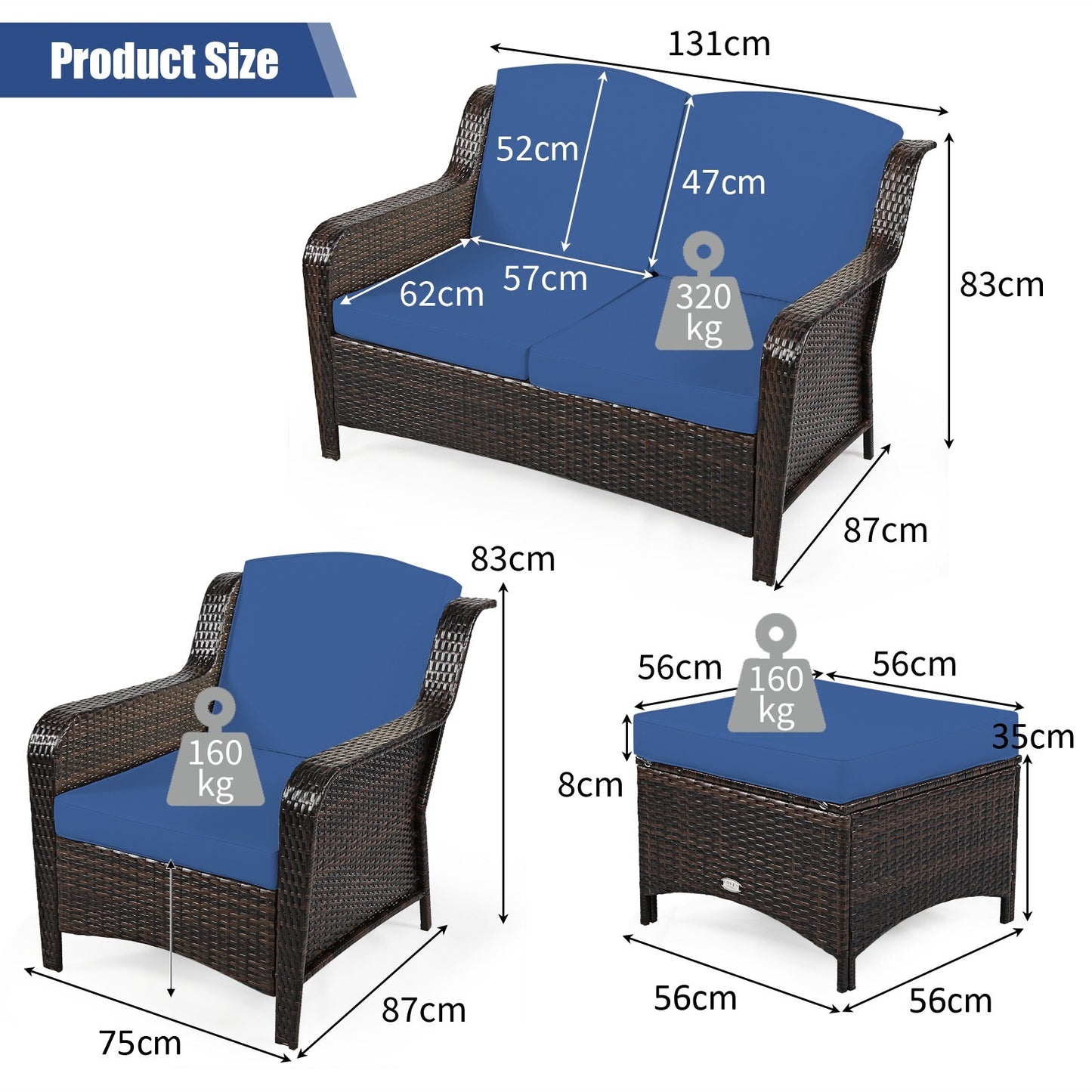 5 PCS Patio Furniture Set Outdoor Rattan Conversation Sofa Set Removable Cushion