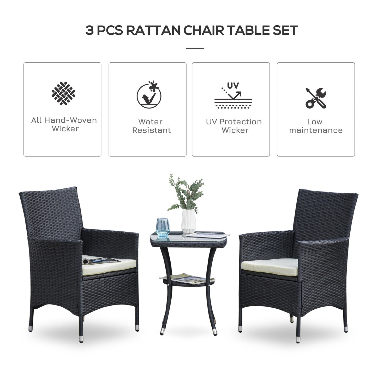 Outsunny Rattan Bistro Set Garden Chair Table Patio Outdoor, Black