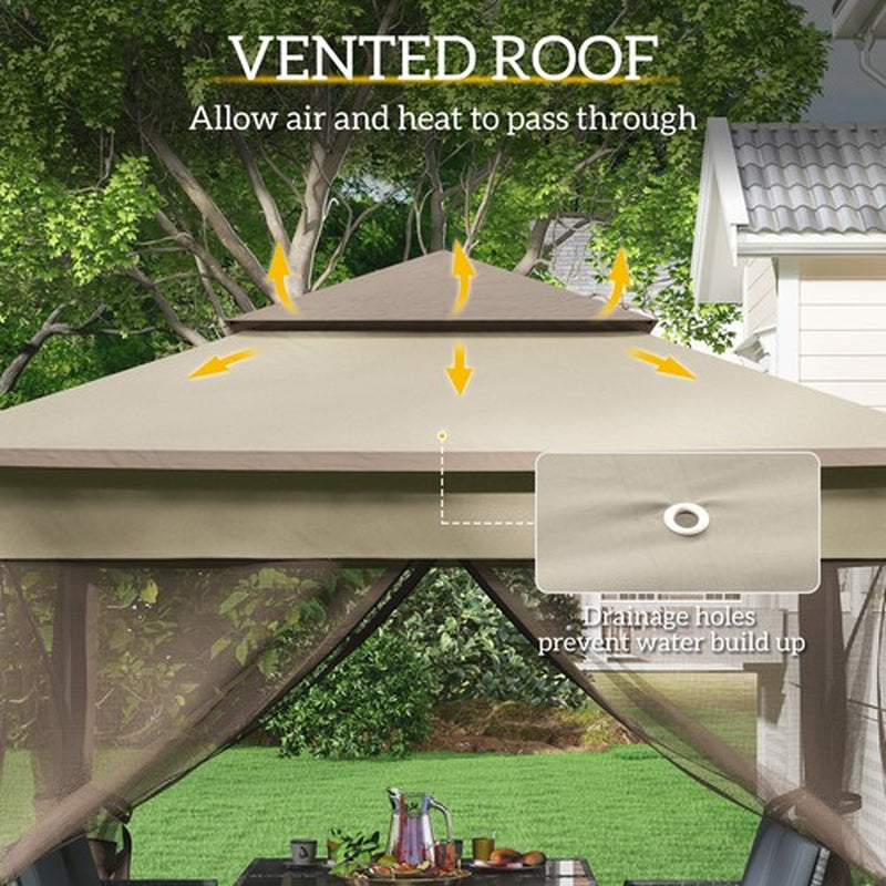 3 X 3(M) Garden Metal Gazebo Party Canopy Tent Sun Shelter W/ Net Curtain Khaki