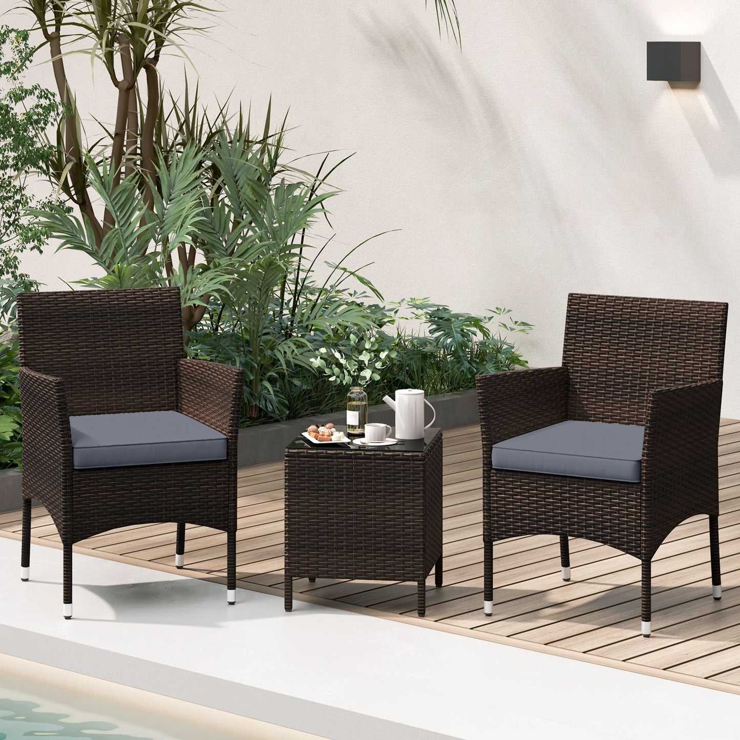 3 Pieces Patio Rattan Furniture Set with Soft Cushions and Glass Top Table
