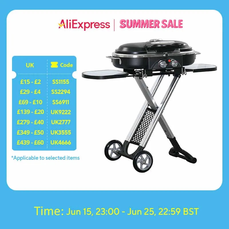 Foldable 2 Burner Gas BBQ Grill Trolley W/ Side Shelves Storage Pocket