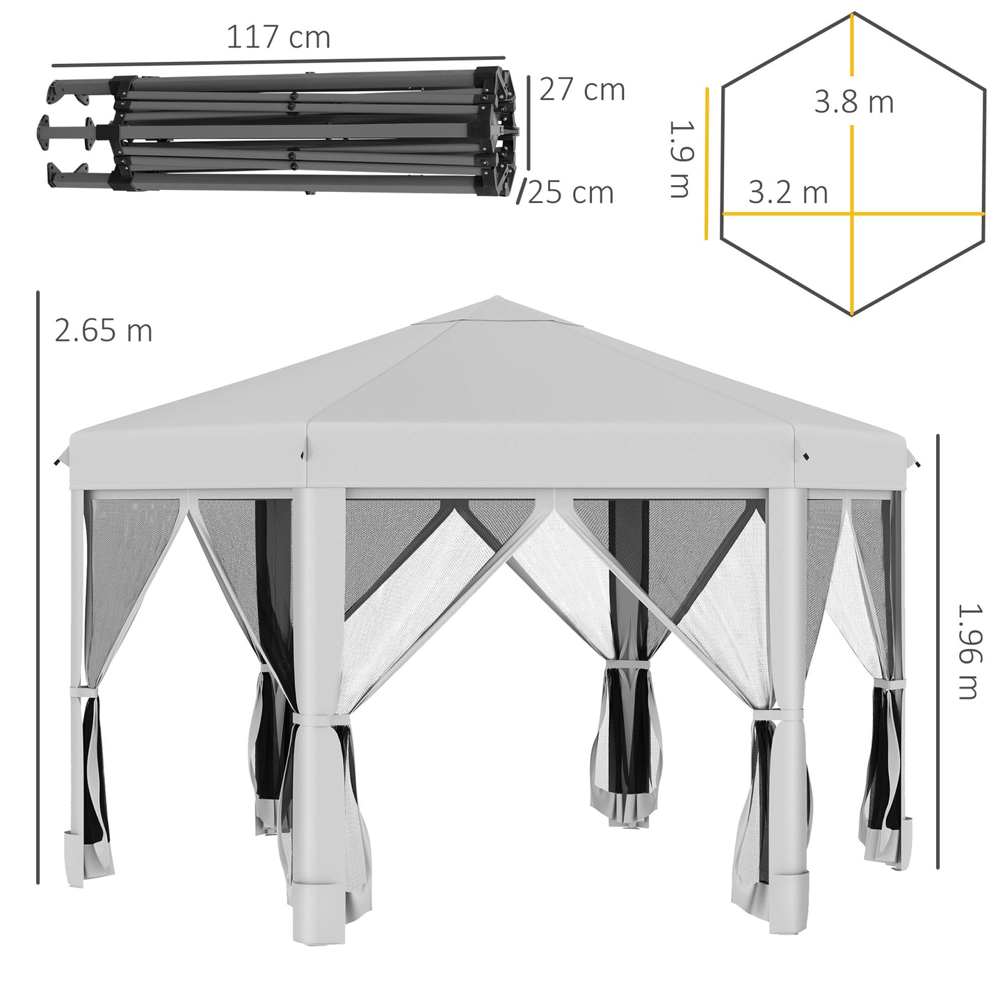 3.2M Outdoor Pop up Gazebo Hexagonal Canopy Tent with Mesh Sidewalls Handy Bag