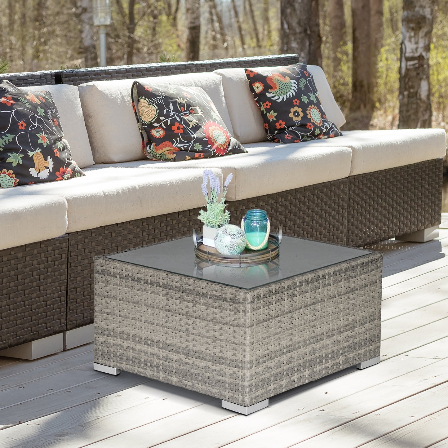 Garden Outdoor Rattan Corner Sofa,Single Sofa,Coffee Table Grey/Deep Grey