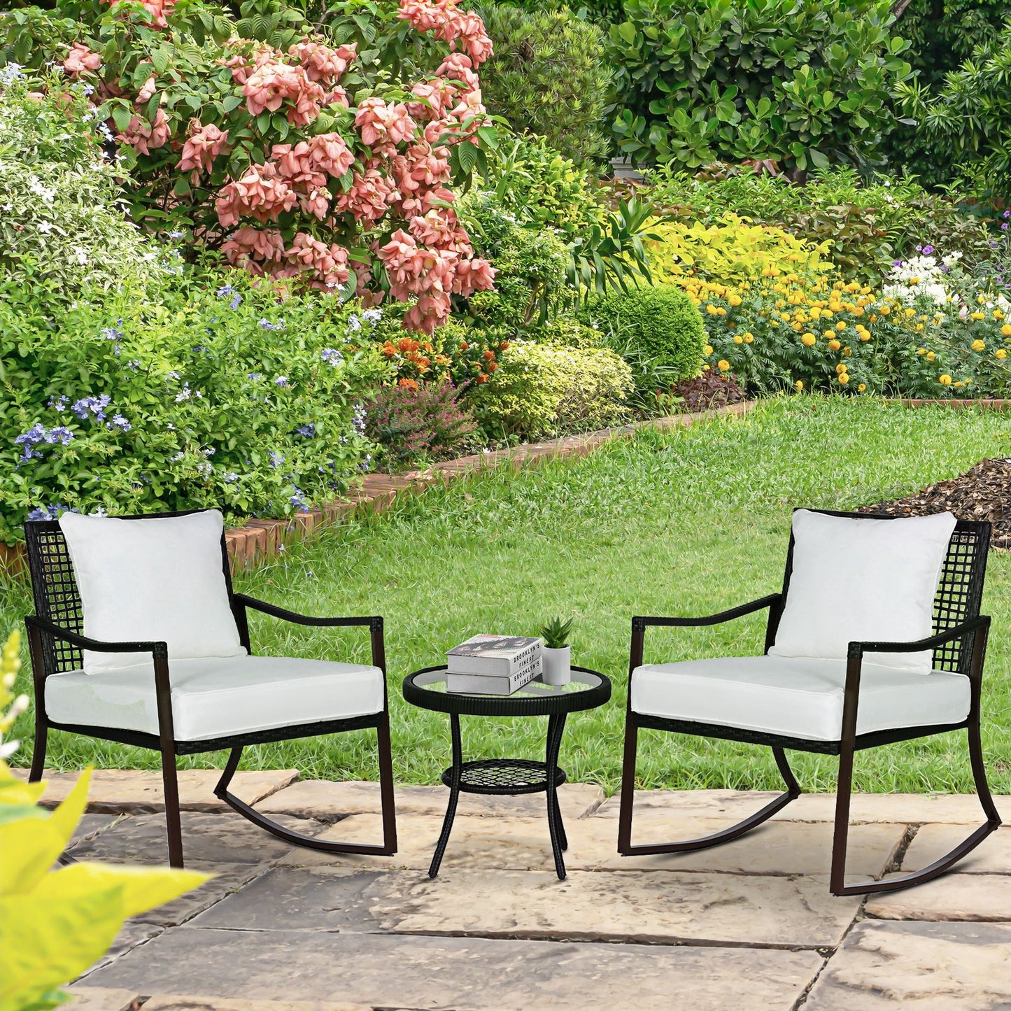 3 Pieces Rocking Chair Bistro Set Furniture Coffee Table Rattan Wicker Brown