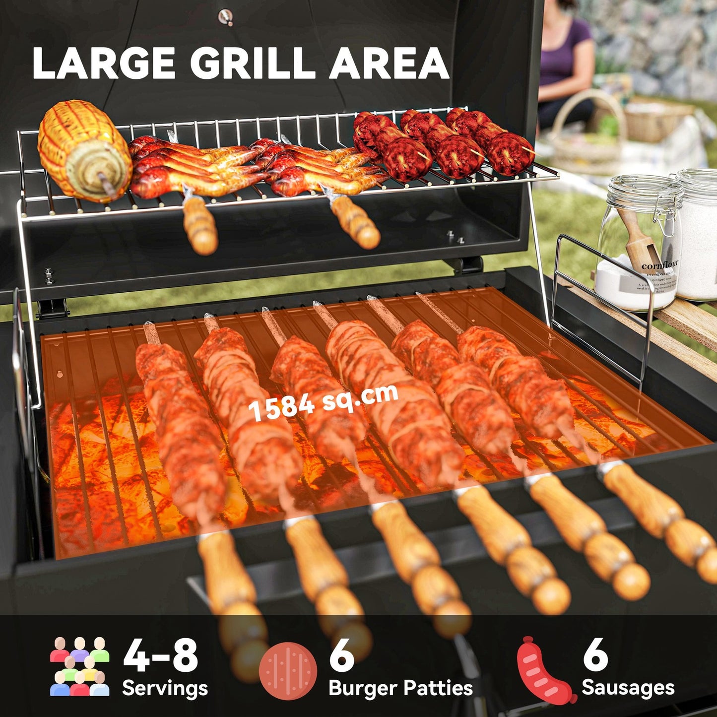 Charcoal BBQ Grill with Height Adjustable Charcoal Pan Outdoor Barbecue Smoker