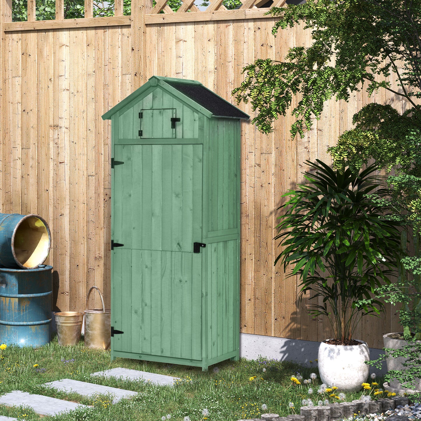 Garden Storage Shed 3 Utility Shelf Tool House W/ Asphalt Roof Lockabke Door