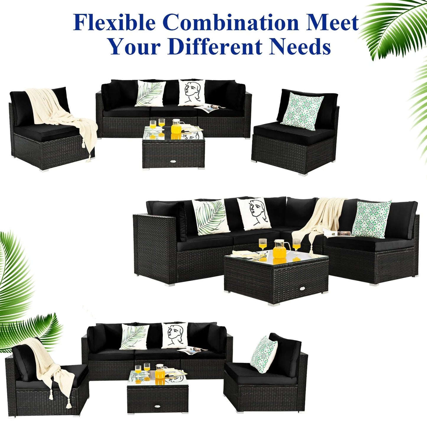 6 Piece Outdoor Rattan Sofa Set with Soft Seat and Back Cushions