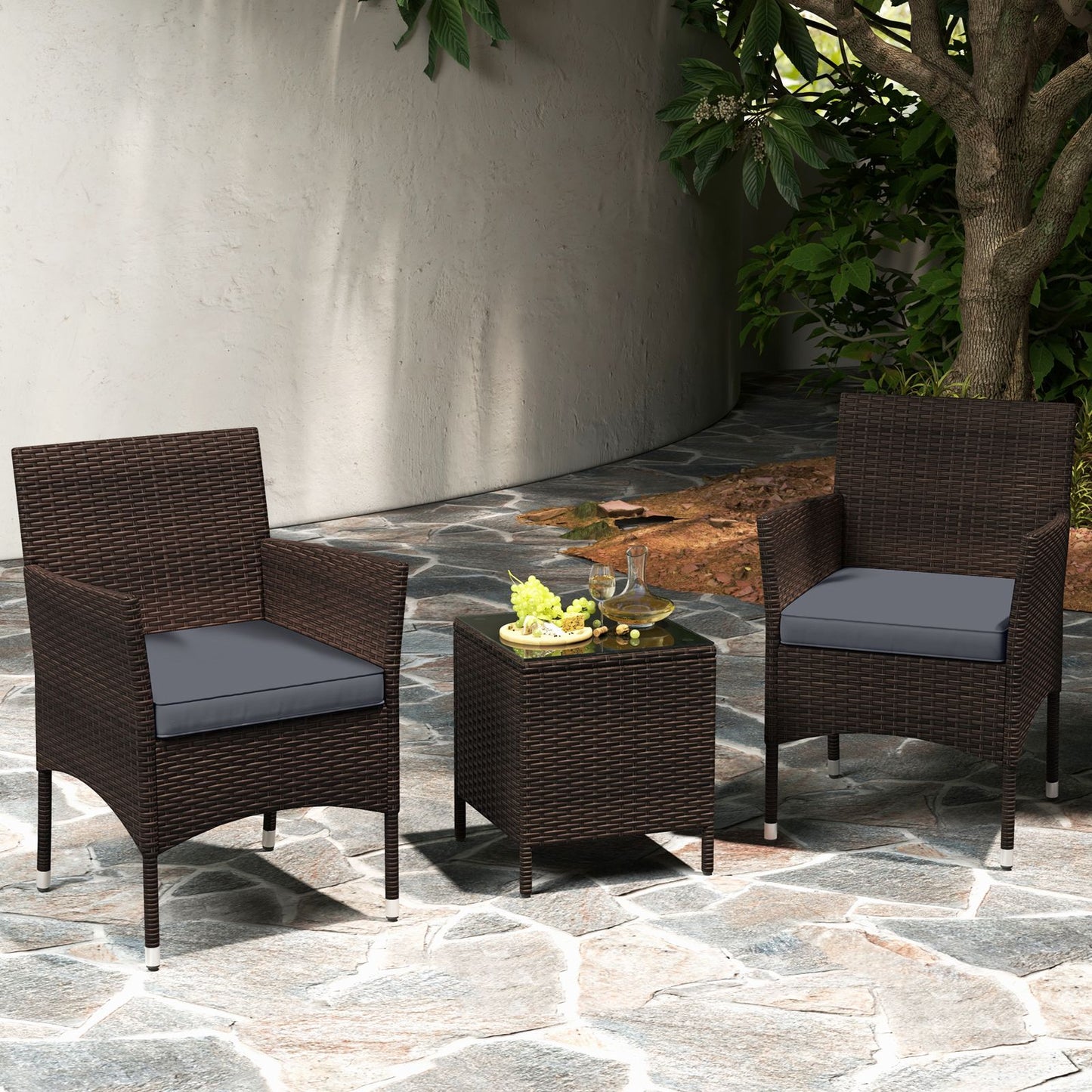 3 Pieces Patio Rattan Furniture Set with Soft Cushions and Glass Top Table