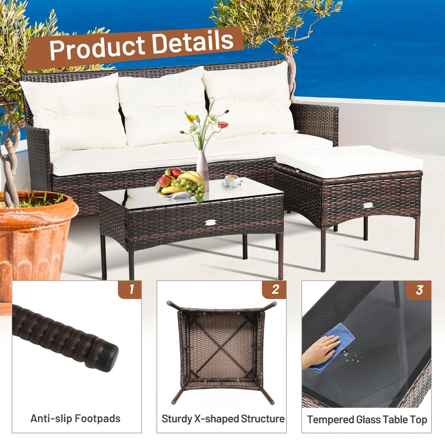 4 Seater Rattan Garden Furniture Set with Cushioned Sofa