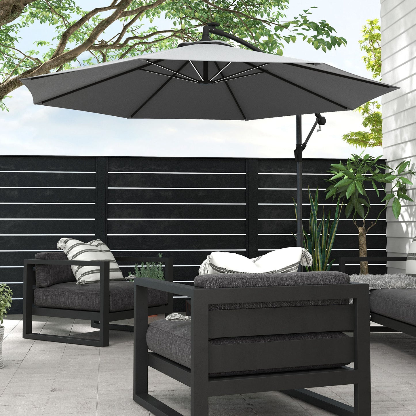 3(M) LED Patio Banana Umbrella Cantilever Parasol W/ Solar Lights Crank Handle