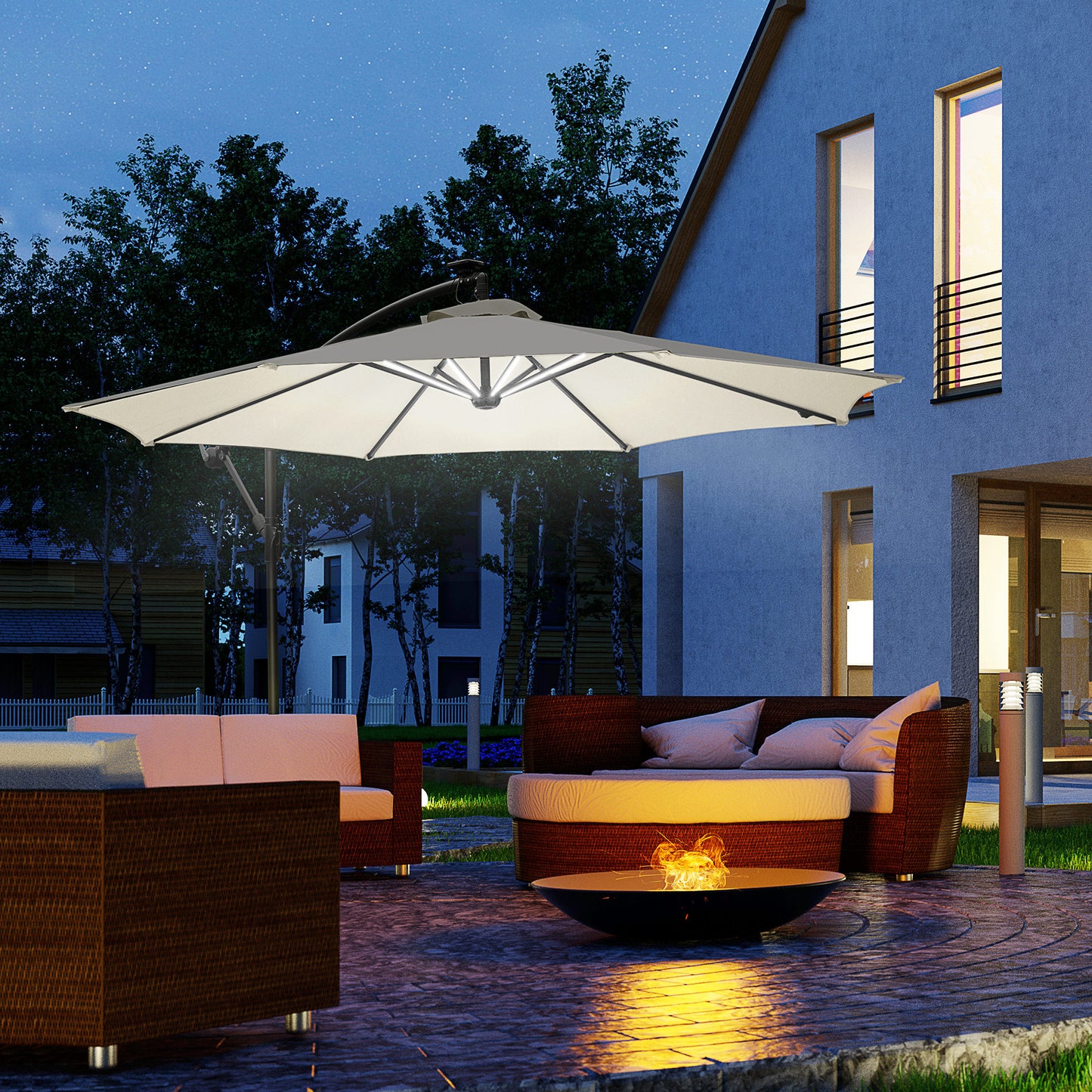 3(M) LED Patio Banana Umbrella Cantilever Parasol W/ Solar Lights Crank Handle