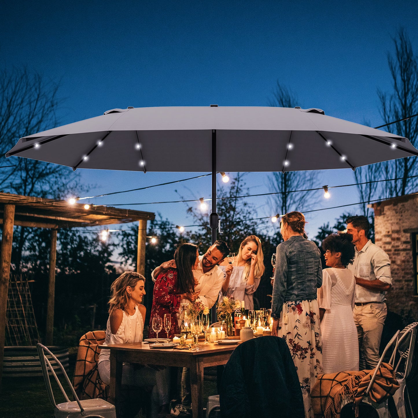 4.4M Double-Sided Sun Umbrella Patio Parasol with LED Solar Lights for Garden