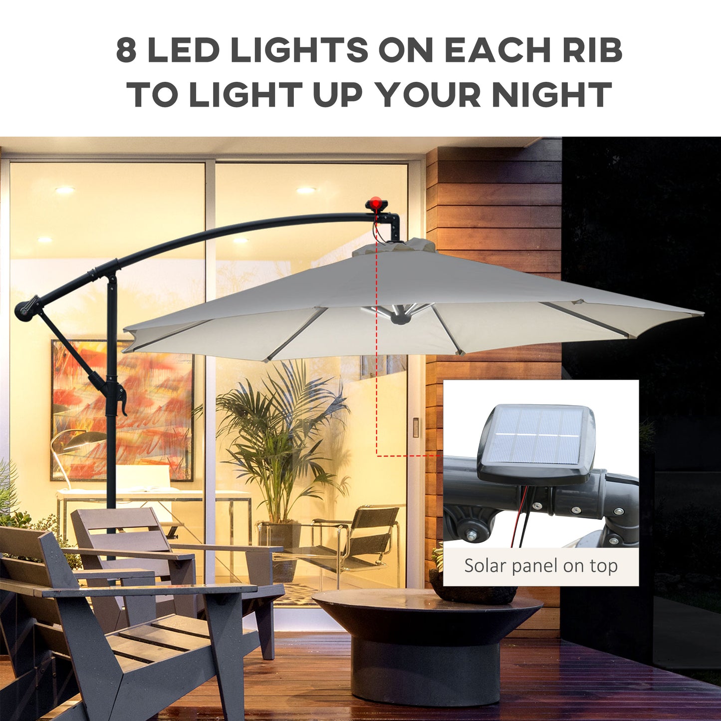 3(M) LED Patio Banana Umbrella Cantilever Parasol W/ Solar Lights Crank Handle