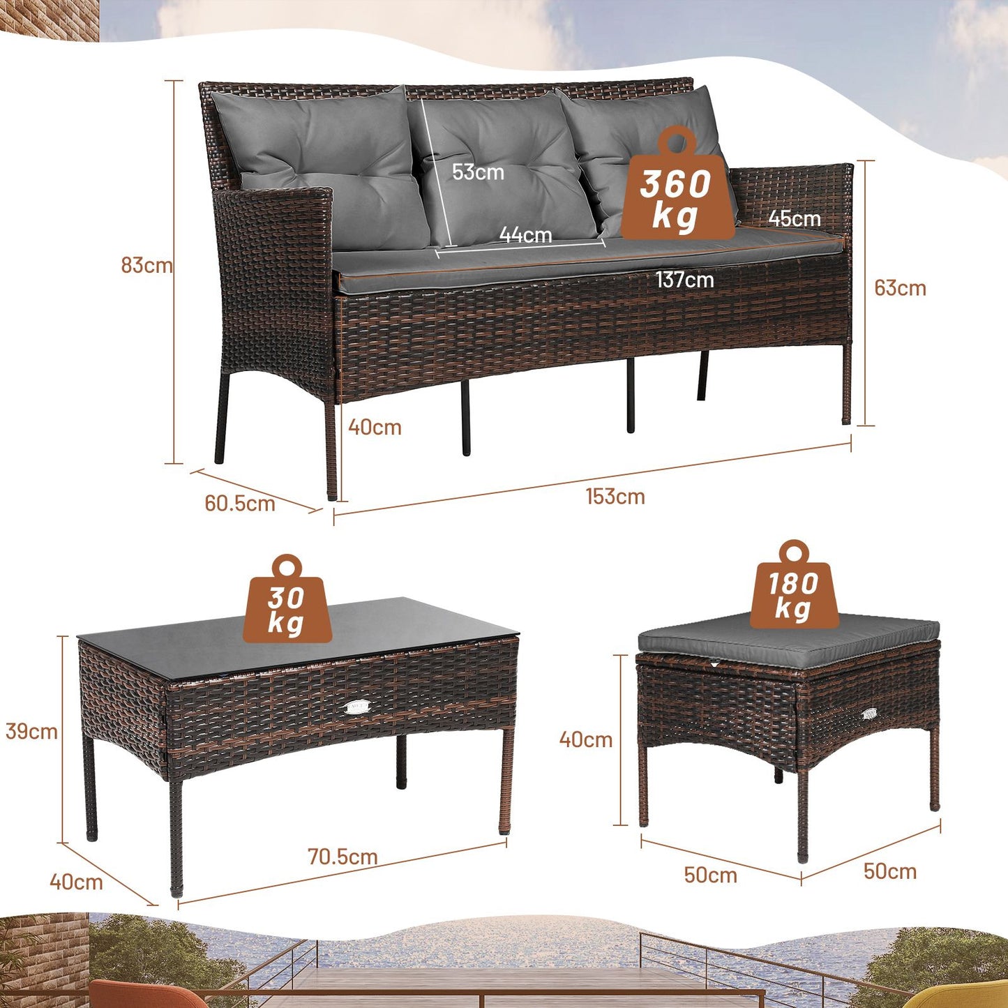 4 Seater Rattan Garden Furniture Set with Cushioned Sofa