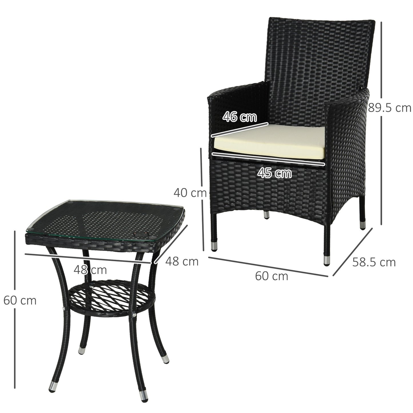 Outsunny Rattan Bistro Set Garden Chair Table Patio Outdoor, Black