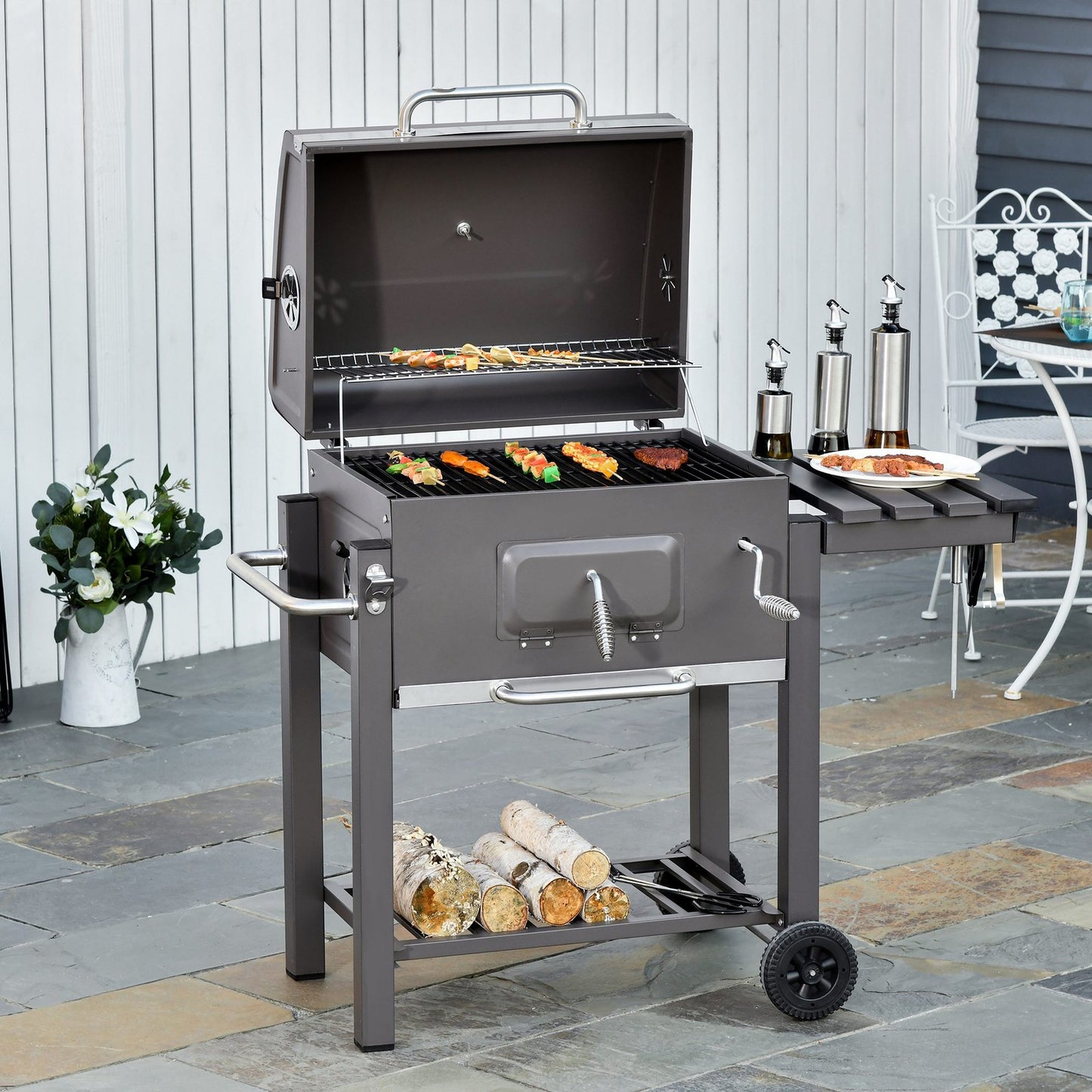 Charcoal Grill BBQ Trolley Wheels Garden Metal Barbecue W/ Shelf Grey