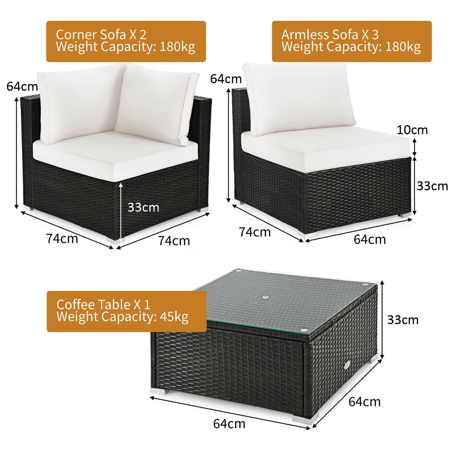 6 Piece Outdoor Rattan Sofa Set with Soft Seat and Back Cushions