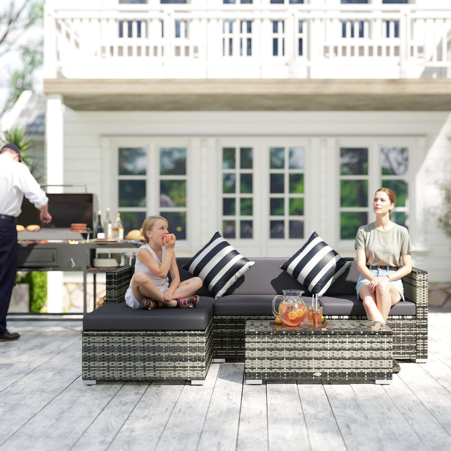 5 Pieces Rattan Sofa Set Wicker Sectional Furniture Cushion Black Brown Grey