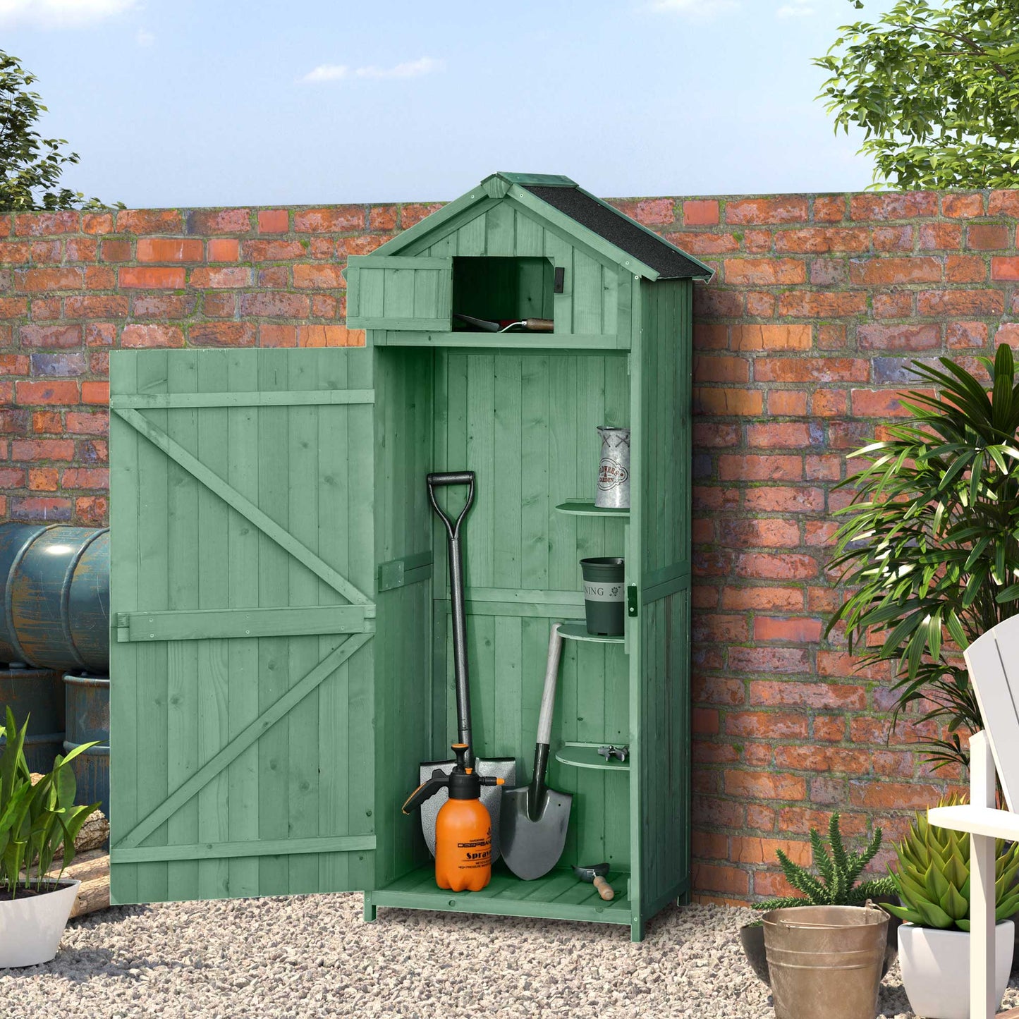 Garden Storage Shed 3 Utility Shelf Tool House W/ Asphalt Roof Lockabke Door
